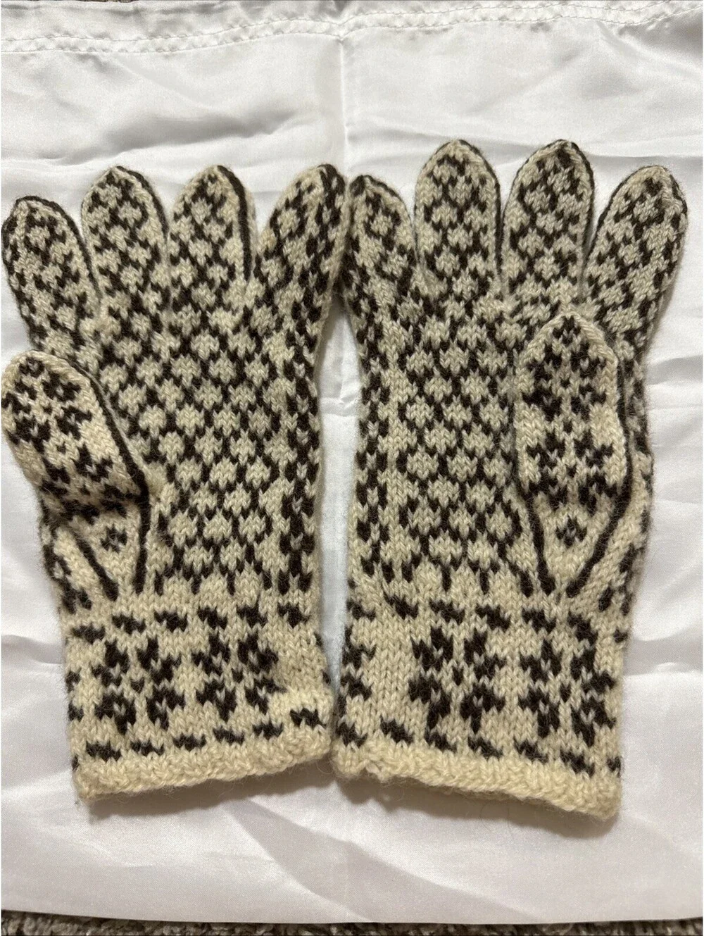 Hand Knit Wool Gloves Womens L Man M Scandinavian Nordic Snowflake Brown White]